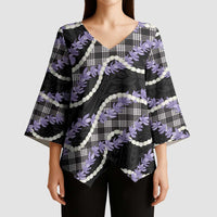 Black Hawaii Palaka Honohono Pikake Kimono Sleeve Blouse Hawaiian Orchid Lei Polynesian Pattern - Polynesian Pride