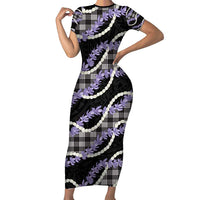Black Hawaii Palaka Honohono Pikake Short Sleeve Bodycon Dress Hawaiian Orchid Lei Polynesian Pattern LT14 Long Dress Black - Polynesian Pride