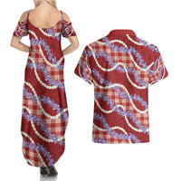Red Hawaii Palaka Honohono Pikake Couples Matching Summer Maxi Dress and Hawaiian Shirt Hawaiian Orchid Lei Polynesian Pattern - Polynesian Pride