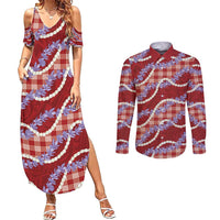 Red Hawaii Palaka Honohono Pikake Couples Matching Summer Maxi Dress and Long Sleeve Button Shirt Hawaiian Orchid Lei Polynesian Pattern LT14 Red - Polynesian Pride