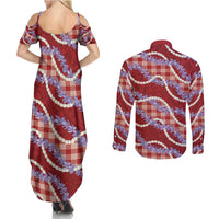Red Hawaii Palaka Honohono Pikake Couples Matching Summer Maxi Dress and Long Sleeve Button Shirt Hawaiian Orchid Lei Polynesian Pattern LT14 - Polynesian Pride