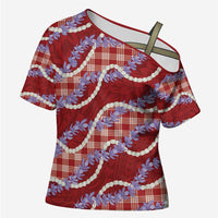 Red Hawaii Palaka Honohono Pikake Cross Shoulder Shirt Hawaiian Orchid Lei Polynesian Pattern - Polynesian Pride