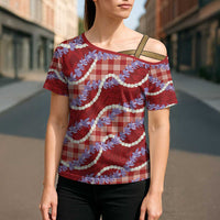 Red Hawaii Palaka Honohono Pikake Cross Shoulder Shirt Hawaiian Orchid Lei Polynesian Pattern LT14 - Polynesian Pride