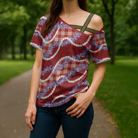 Red Hawaii Palaka Honohono Pikake Cross Shoulder Shirt Hawaiian Orchid Lei Polynesian Pattern LT14 - Polynesian Pride