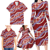 Red Hawaii Palaka Honohono Pikake Family Matching Long Sleeve Bodycon Dress and Hawaiian Shirt Hawaiian Orchid Lei Polynesian Pattern - Polynesian Pride