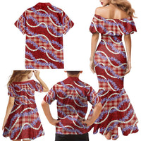 Red Hawaii Palaka Honohono Pikake Family Matching Mermaid Dress and Hawaiian Shirt Hawaiian Orchid Lei Polynesian Pattern - Polynesian Pride