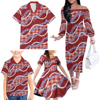Red Hawaii Palaka Honohono Pikake Family Matching Off The Shoulder Long Sleeve Dress and Hawaiian Shirt Hawaiian Orchid Lei Polynesian Pattern - Polynesian Pride