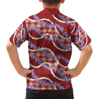 Red Hawaii Palaka Honohono Pikake Family Matching Off Shoulder Short Dress and Hawaiian Shirt Hawaiian Orchid Lei Polynesian Pattern - Polynesian Pride