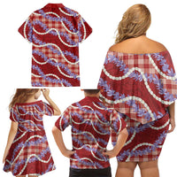 Red Hawaii Palaka Honohono Pikake Family Matching Off Shoulder Short Dress and Hawaiian Shirt Hawaiian Orchid Lei Polynesian Pattern - Polynesian Pride