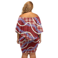 Red Hawaii Palaka Honohono Pikake Family Matching Off Shoulder Short Dress and Hawaiian Shirt Hawaiian Orchid Lei Polynesian Pattern - Polynesian Pride