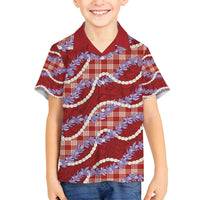 Red Hawaii Palaka Honohono Pikake Family Matching Off Shoulder Short Dress and Hawaiian Shirt Hawaiian Orchid Lei Polynesian Pattern - Polynesian Pride