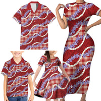 Red Hawaii Palaka Honohono Pikake Family Matching Short Sleeve Bodycon Dress and Hawaiian Shirt Hawaiian Orchid Lei Polynesian Pattern - Polynesian Pride