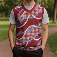 Red Hawaii Palaka Honohono Pikake Christmas Knitted V-Neck Vest Hawaiian Orchid Lei Polynesian Pattern - Polynesian Pride