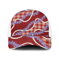 Red Hawaii Palaka Honohono Pikake Mesh Trucker Cap Hawaiian Orchid Lei Polynesian Pattern LT14 One Size White Red - Polynesian Pride