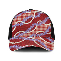 Red Hawaii Palaka Honohono Pikake Mesh Trucker Cap Hawaiian Orchid Lei Polynesian Pattern LT14 One Size Black Red - Polynesian Pride