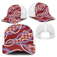 Red Hawaii Palaka Honohono Pikake Mesh Trucker Cap Hawaiian Orchid Lei Polynesian Pattern - Polynesian Pride