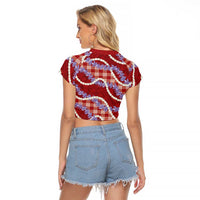Red Hawaii Palaka Honohono Pikake Raglan Cropped T Shirt Hawaiian Orchid Lei Polynesian Pattern LT14 - Polynesian Pride