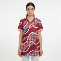 Red Hawaii Palaka Honohono Pikake Scrub Top Hawaiian Orchid Lei Polynesian Pattern - Polynesian Pride