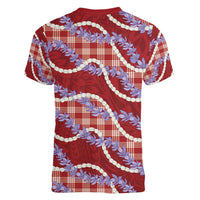Red Hawaii Palaka Honohono Pikake Women V-Neck T-Shirt Hawaiian Orchid Lei Polynesian Pattern LT14 - Polynesian Pride
