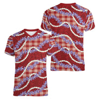 Red Hawaii Palaka Honohono Pikake Women V-Neck T-Shirt Hawaiian Orchid Lei Polynesian Pattern LT14 - Polynesian Pride