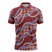 Red Hawaii Palaka Honohono Pikake Zipper Polo Shirt Hawaiian Orchid Lei Polynesian Pattern - Polynesian Pride