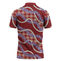 Red Hawaii Palaka Honohono Pikake Zipper Polo Shirt Hawaiian Orchid Lei Polynesian Pattern - Polynesian Pride