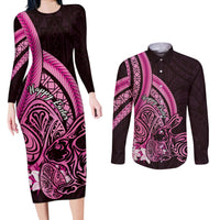 Pink Polynesia Easter Day Couples Matching Long Sleeve Bodycon Dress and Long Sleeve Button Shirt Eggs With Bunny Polynesian Pattern LT14 Pink - Polynesian Pride