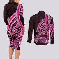 Pink Polynesia Easter Day Couples Matching Long Sleeve Bodycon Dress and Long Sleeve Button Shirt Eggs With Bunny Polynesian Pattern LT14 - Polynesian Pride
