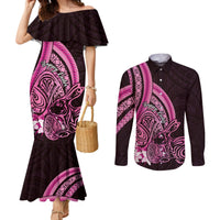 Pink Polynesia Easter Day Couples Matching Mermaid Dress and Long Sleeve Button Shirt Eggs With Bunny Polynesian Pattern LT14 Pink - Polynesian Pride