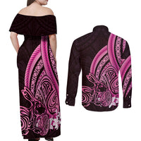 Pink Polynesia Easter Day Couples Matching Off Shoulder Maxi Dress and Long Sleeve Button Shirt Eggs With Bunny Polynesian Pattern LT14 - Polynesian Pride