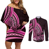 Pink Polynesia Easter Day Couples Matching Off Shoulder Short Dress and Long Sleeve Button Shirt Eggs With Bunny Polynesian Pattern LT14 Pink - Polynesian Pride