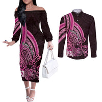 Pink Polynesia Easter Day Couples Matching Off The Shoulder Long Sleeve Dress and Long Sleeve Button Shirt Eggs With Bunny Polynesian Pattern LT14 Pink - Polynesian Pride