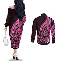 Pink Polynesia Easter Day Couples Matching Off The Shoulder Long Sleeve Dress and Long Sleeve Button Shirt Eggs With Bunny Polynesian Pattern LT14 - Polynesian Pride