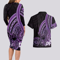 Purple Polynesia Easter Day Couples Matching Long Sleeve Bodycon Dress and Hawaiian Shirt Eggs With Bunny Polynesian Pattern LT14 - Polynesian Pride