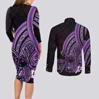 Purple Polynesia Easter Day Couples Matching Long Sleeve Bodycon Dress and Long Sleeve Button Shirt Eggs With Bunny Polynesian Pattern LT14 - Polynesian Pride