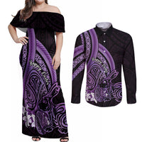 Purple Polynesia Easter Day Couples Matching Off Shoulder Maxi Dress and Long Sleeve Button Shirt Eggs With Bunny Polynesian Pattern LT14 Purple - Polynesian Pride