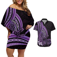 Purple Polynesia Easter Day Couples Matching Off Shoulder Short Dress and Hawaiian Shirt Eggs With Bunny Polynesian Pattern LT14 Purple - Polynesian Pride