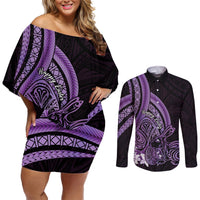 Purple Polynesia Easter Day Couples Matching Off Shoulder Short Dress and Long Sleeve Button Shirt Eggs With Bunny Polynesian Pattern LT14 Purple - Polynesian Pride