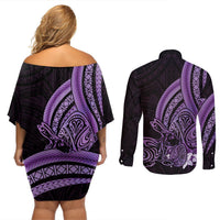 Purple Polynesia Easter Day Couples Matching Off Shoulder Short Dress and Long Sleeve Button Shirt Eggs With Bunny Polynesian Pattern LT14 - Polynesian Pride