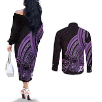 Purple Polynesia Easter Day Couples Matching Off The Shoulder Long Sleeve Dress and Long Sleeve Button Shirt Eggs With Bunny Polynesian Pattern LT14 - Polynesian Pride