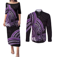 Purple Polynesia Easter Day Couples Matching Puletasi and Long Sleeve Button Shirt Eggs With Bunny Polynesian Pattern LT14 Purple - Polynesian Pride