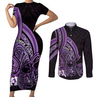 Purple Polynesia Easter Day Couples Matching Short Sleeve Bodycon Dress and Long Sleeve Button Shirt Eggs With Bunny Polynesian Pattern LT14 Purple - Polynesian Pride