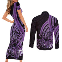 Purple Polynesia Easter Day Couples Matching Short Sleeve Bodycon Dress and Long Sleeve Button Shirt Eggs With Bunny Polynesian Pattern LT14 - Polynesian Pride