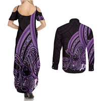 Purple Polynesia Easter Day Couples Matching Summer Maxi Dress and Long Sleeve Button Shirt Eggs With Bunny Polynesian Pattern LT14 - Polynesian Pride