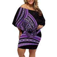 Purple Polynesia Easter Day Off Shoulder Short Dress Eggs With Bunny Polynesian Pattern LT14 Women Purple - Polynesian Pride