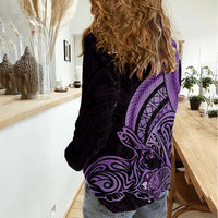 Purple Polynesia Easter Day Women Casual Shirt Eggs With Bunny Polynesian Pattern