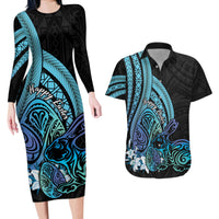 Turquoise Polynesia Easter Day Couples Matching Long Sleeve Bodycon Dress and Hawaiian Shirt Eggs With Bunny Polynesian Pattern LT14 Turquoise - Polynesian Pride