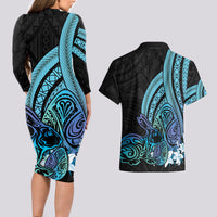 Turquoise Polynesia Easter Day Couples Matching Long Sleeve Bodycon Dress and Hawaiian Shirt Eggs With Bunny Polynesian Pattern LT14 - Polynesian Pride