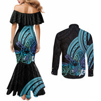 Turquoise Polynesia Easter Day Couples Matching Mermaid Dress and Long Sleeve Button Shirt Eggs With Bunny Polynesian Pattern LT14 - Polynesian Pride