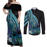 Turquoise Polynesia Easter Day Couples Matching Off Shoulder Maxi Dress and Long Sleeve Button Shirt Eggs With Bunny Polynesian Pattern LT14 Turquoise - Polynesian Pride